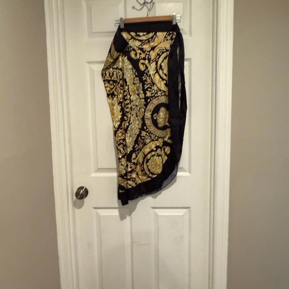 Black and Gold Baroque-Print One-Piece Swimsuit with Tie Straps - Picture 6 of 14